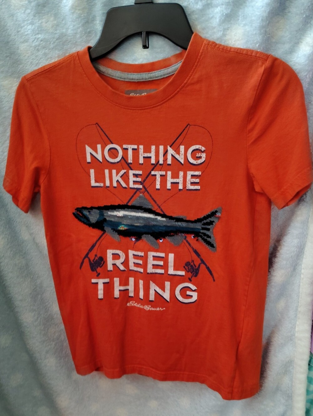 Eddie Bauer Orange Fishing Graphic Tee with Blue Fish